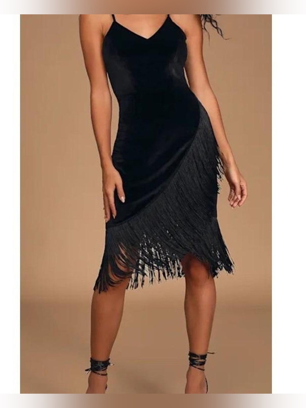 Lulus XS Black Velvet Fringe dress CUTE!! (Like new)